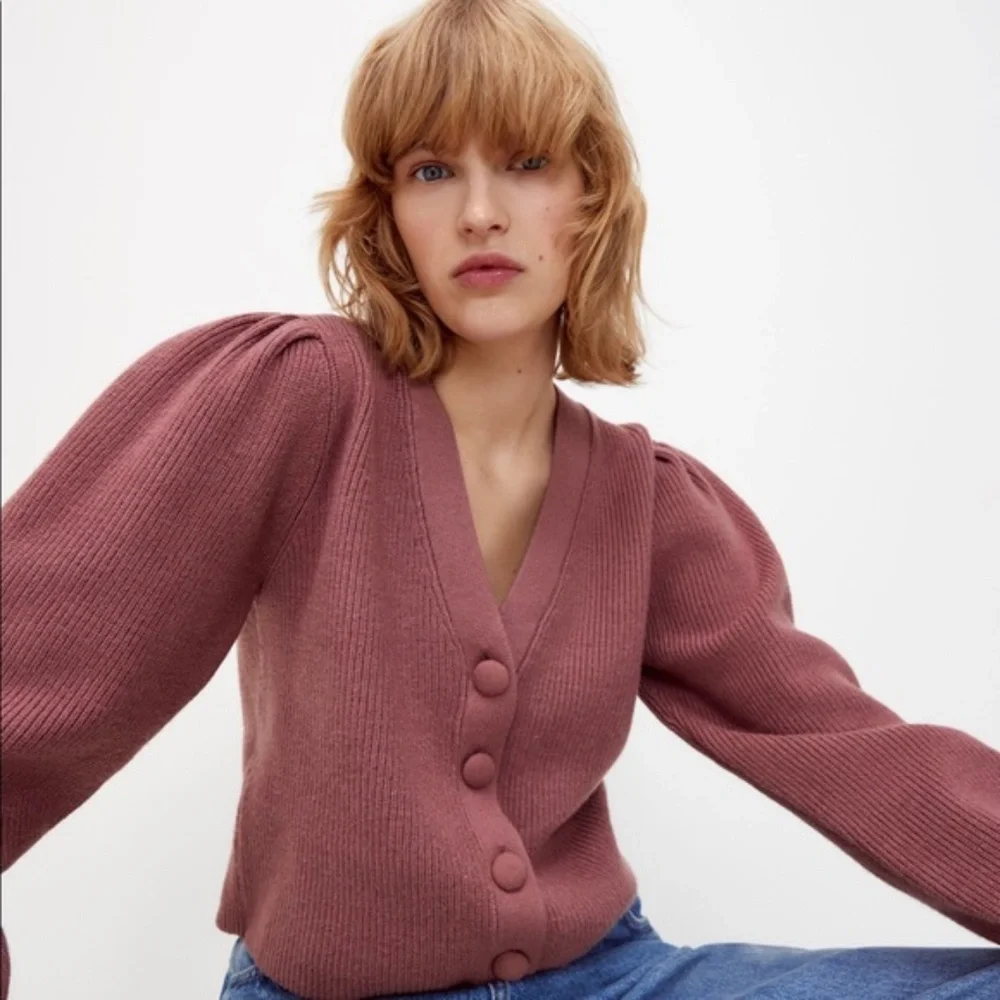 Zara Dark Rose Pink Mauve Knit Puff Shoulder Sleeves Button Up V Neck Cardigan L - Picture 1 of 7